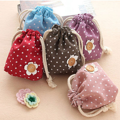 Serat promosi Polka Dot Mini Handbag Drawstring Bag lipat kantong saku custom ukuran dan warna untuk Shopping Gift