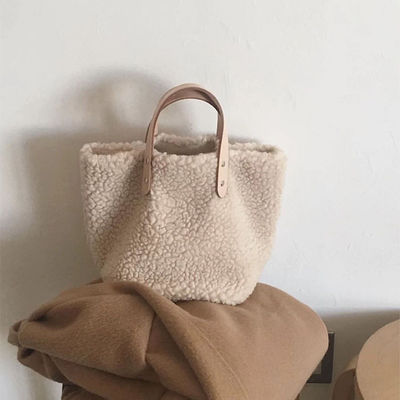 Wanita Musim Dingin Tas Bahu Domba Wol Hangat Selempang Tas Tangan Kasual Portabel Beige Khaki Girls Gaya Preppy