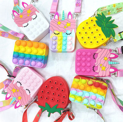 Fidget Push Gelembung Mainan Rainbow Unicorn Dompet Koin Dompet Wanita Silika Tas Selempang
