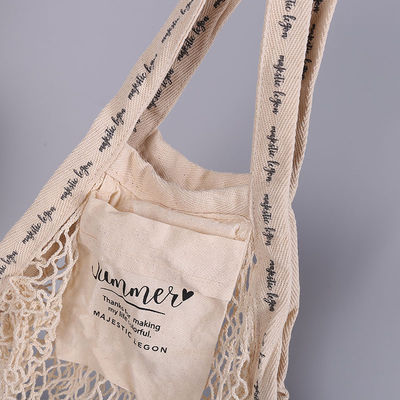Tas Jaring Besar Katun Organik Womens Shopping Mesh Bags Dengan Saku Logo Kustom