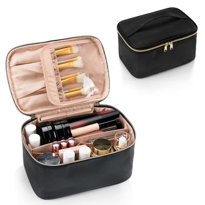 Tas kosmetik portabel wanita tas kosmetik perjalanan ritsleting lapis ganda tahan air dengan pegangan