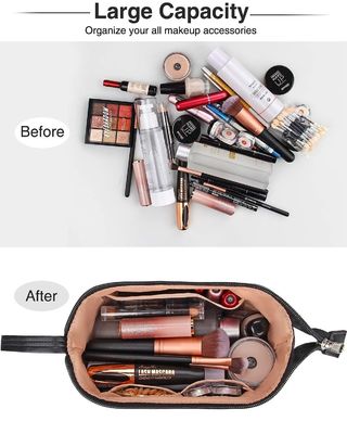 Tas kosmetik portabel wanita tas kosmetik perjalanan ritsleting lapis ganda tahan air dengan pegangan