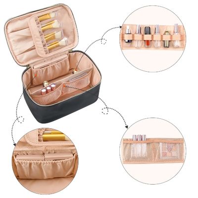 Tas kosmetik portabel wanita tas kosmetik perjalanan ritsleting lapis ganda tahan air dengan pegangan