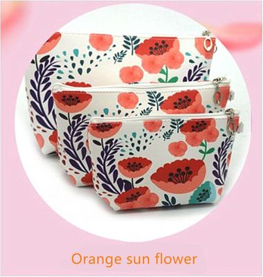 3 PCS tas kosmetik tas kosmetik tahan air kapasitas besar kulit pu, Kamar Mandi, Penyimpanan (3 Ukuran) (Bunga matahari oranye)