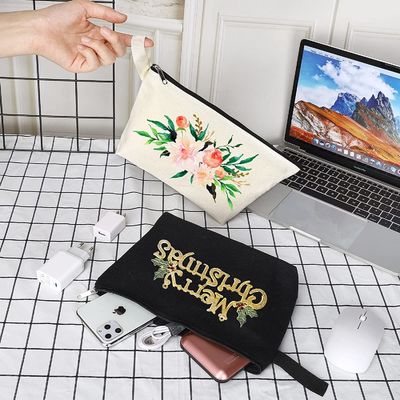 Tas Rias Katun Kanvas dengan Bagian Bawah, Tas Kosmetik Serba Guna dengan Ritsleting
