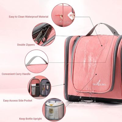 Tas Perlengkapan Mandi Gantung untuk Wanita, Tas Kamar Mandi Travel Riasan Merah Muda, Tas Perlengkapan Mandi Perjalanan Wanita Medium Tahan Air