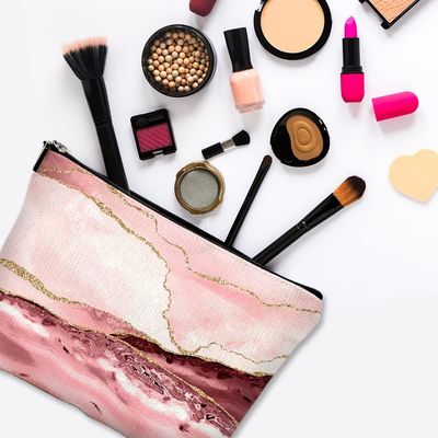 Tas Makeup Lucu Kanvas Tahan Air Tas Kosmetik Lucu untuk Wanita Ritsleting Kantong Perlengkapan Mandi Perjalanan-Makeu Marmer Merah Muda