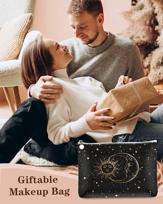 Tas Rias Tahan Air Tas Kosmetik untuk Wanita Tas Rias Kecil untuk Dompet, Kantung Rias Hadiah Matahari dan Bulan