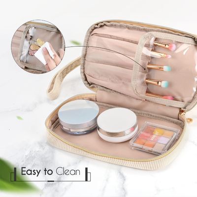 Tas Rias Perjalanan Tahan Air Tahan Lama Lembut, Tas Kosmetik Rias Lapisan Ganda Besar untuk Wanita