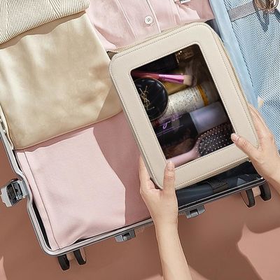 Travel Toiletry Cosmetic Bag Case Untuk Wanita Vegan Kulit Makeup Kantong Dengan Handle