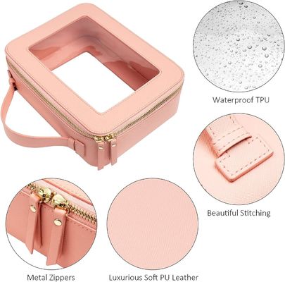 Travel Toiletry Cosmetic Bag Case Untuk Wanita Vegan Kulit Makeup Kantong Dengan Handle